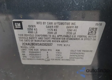 2010 Chevrolet Equinox Ls from USA, damaged, VIN 2CNALBEW3A6382937